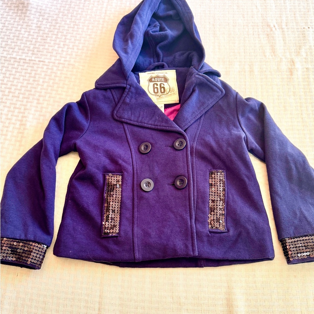 Route 66 Girls Purple Sequin Pea Coat Hooded Jacket Size S 6/6X Double Breasted‎